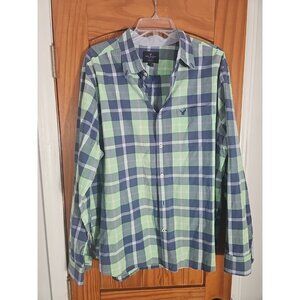 American Eagle Button Down Shirt Mens XXL Blue Green Plaid Long Sleeve ( HL173)